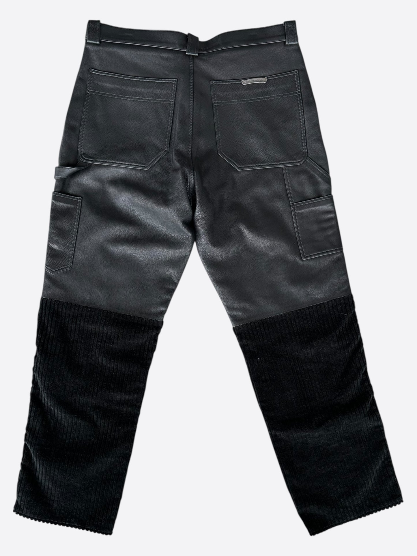 Chrome Hearts Black Leather & Corduroy Fleur Knee Pants
