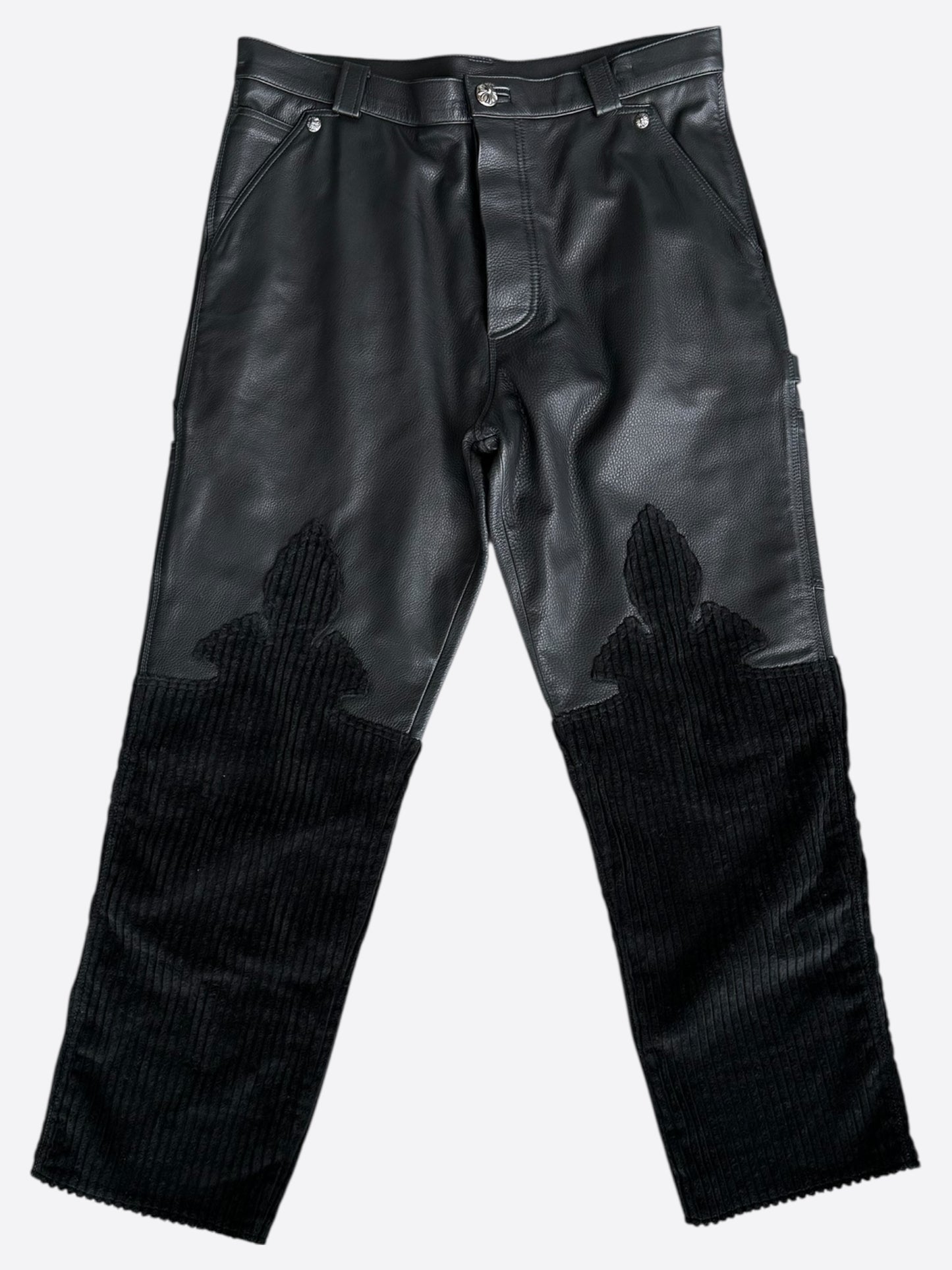 Chrome Hearts Black Leather & Corduroy Fleur Knee Pants