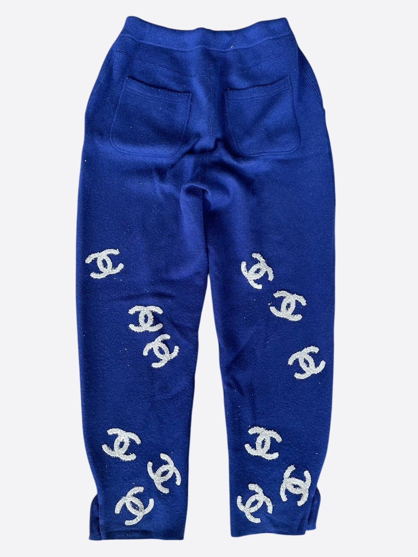 Chanel Blue & Silver CC Logo Cashmere Sweatpants