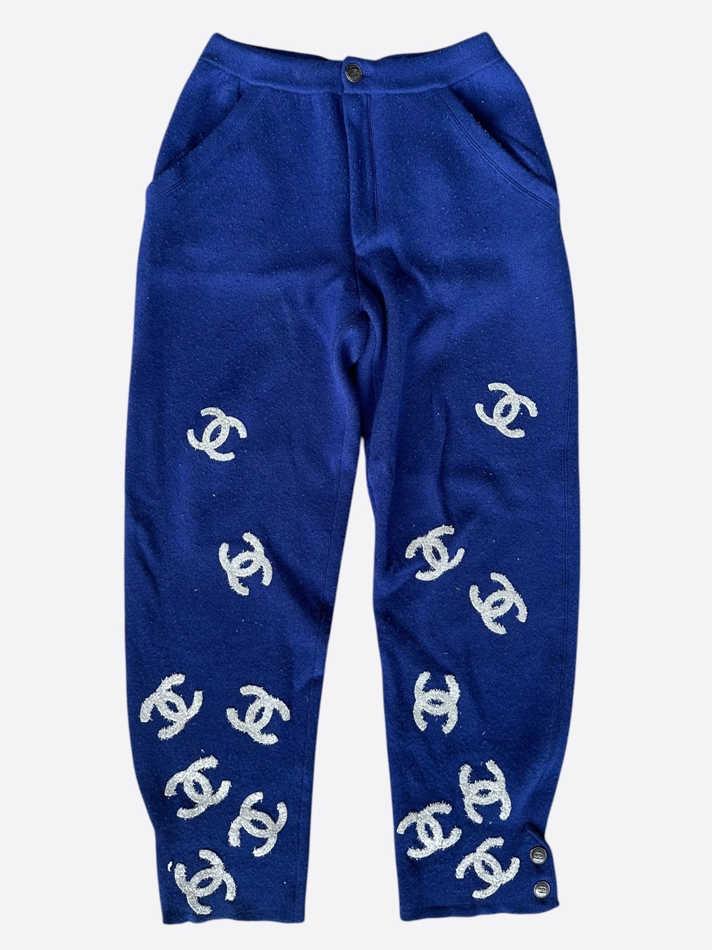 Chanel Blue & Silver CC Logo Cashmere Sweatpants