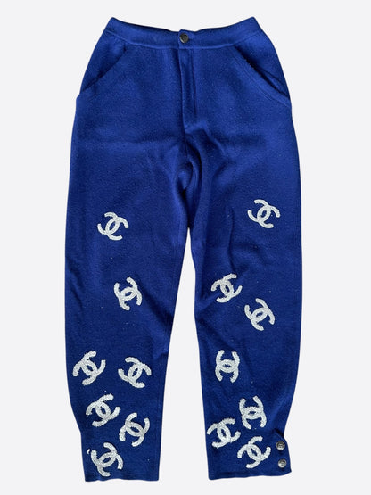 Chanel Blue & Silver CC Logo Cashmere Sweatpants