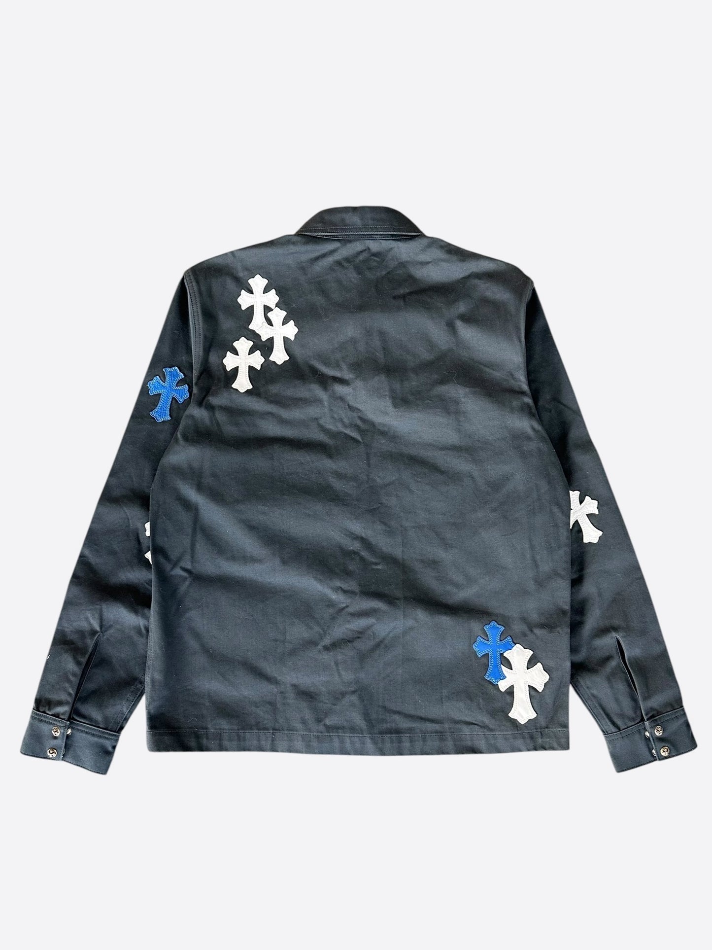 Chrome Hearts Black, White & Blue Cross Patch Work Dog Jacket