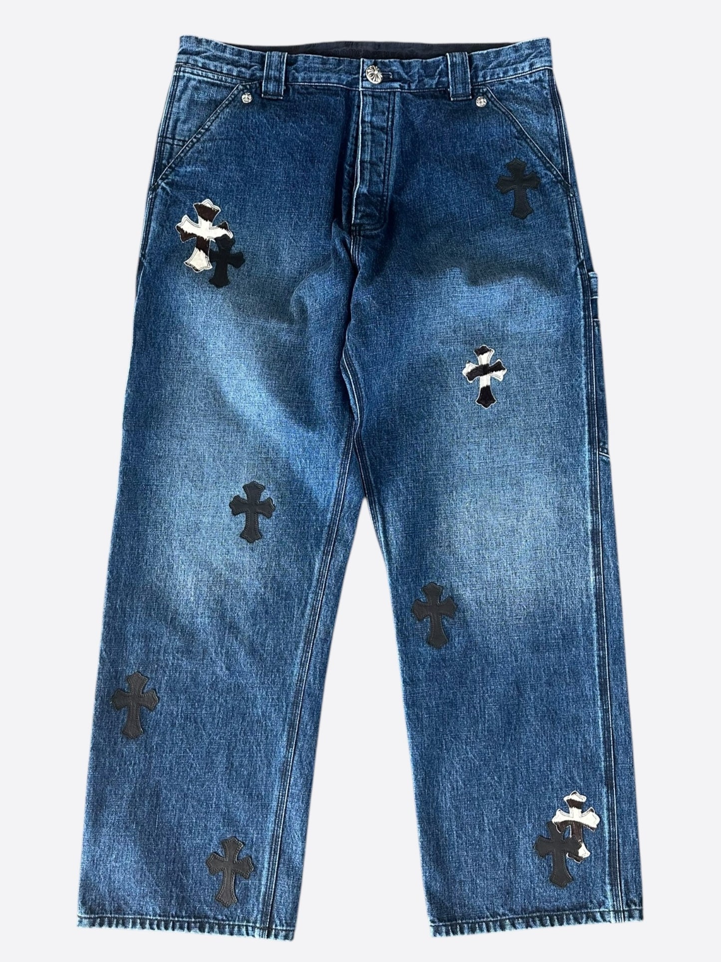 Chrome Hearts Blue, Zebra & Black Cross Patch Carpenter Jeans