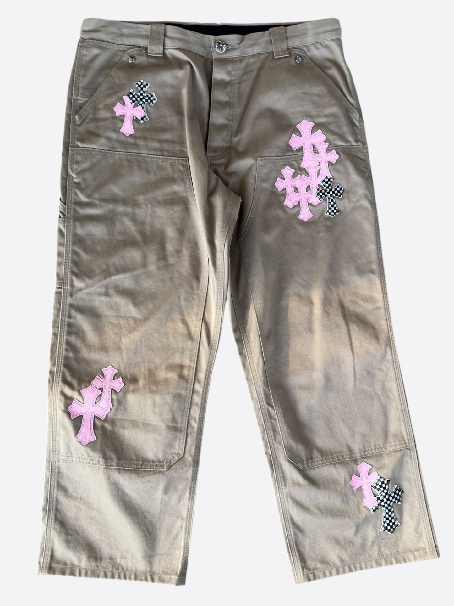 Chrome Hearts Tan, Pink & Checkered Cross Patch Carpenter Pants