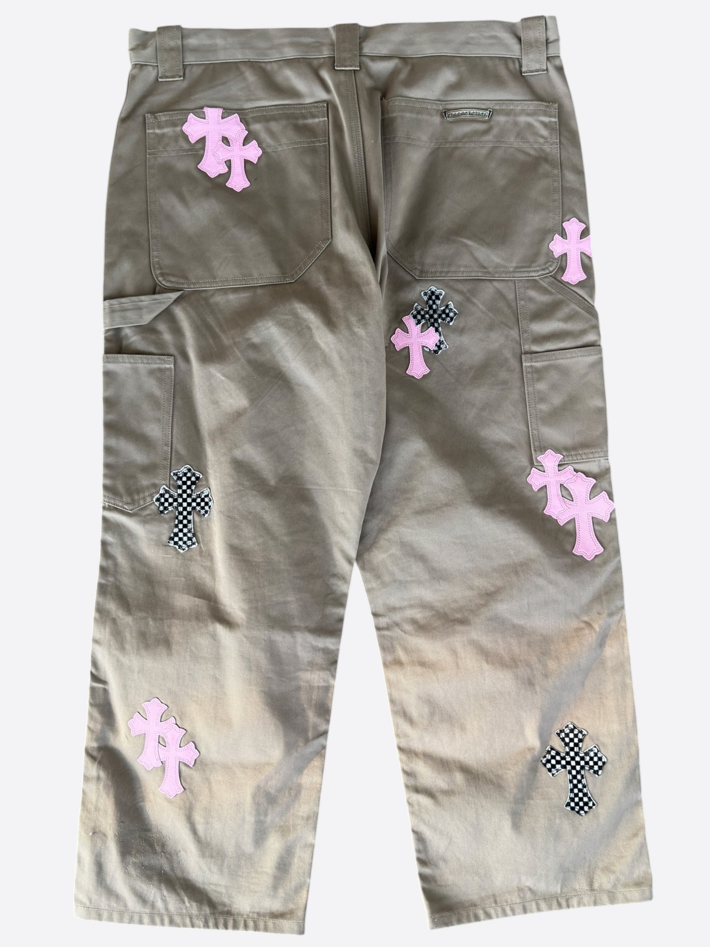 Chrome Hearts Tan, Pink & Checkered Cross Patch Carpenter Pants