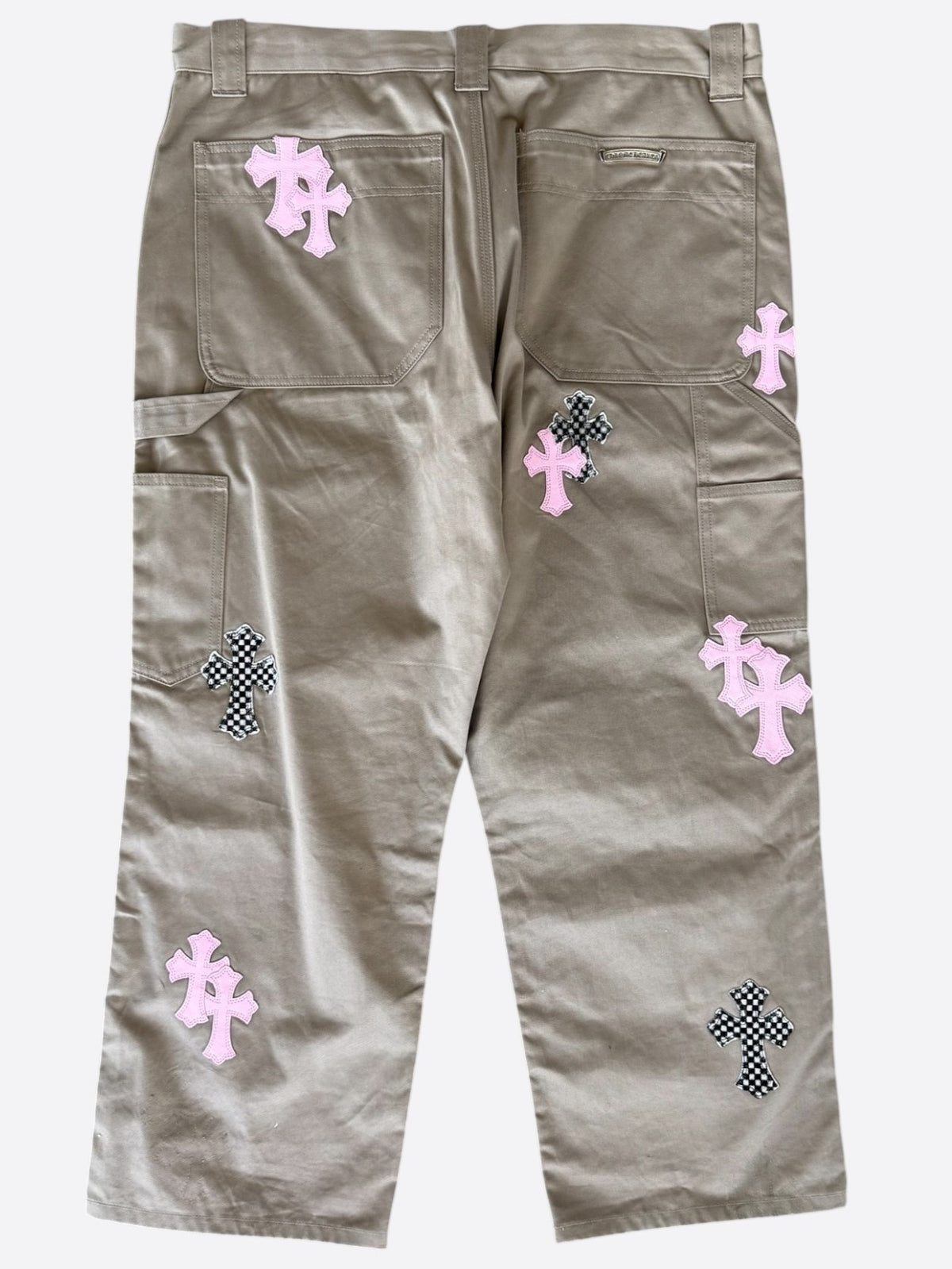 Chrome Hearts Tan, Pink & Checkered Cross Patch Carpenter Pants