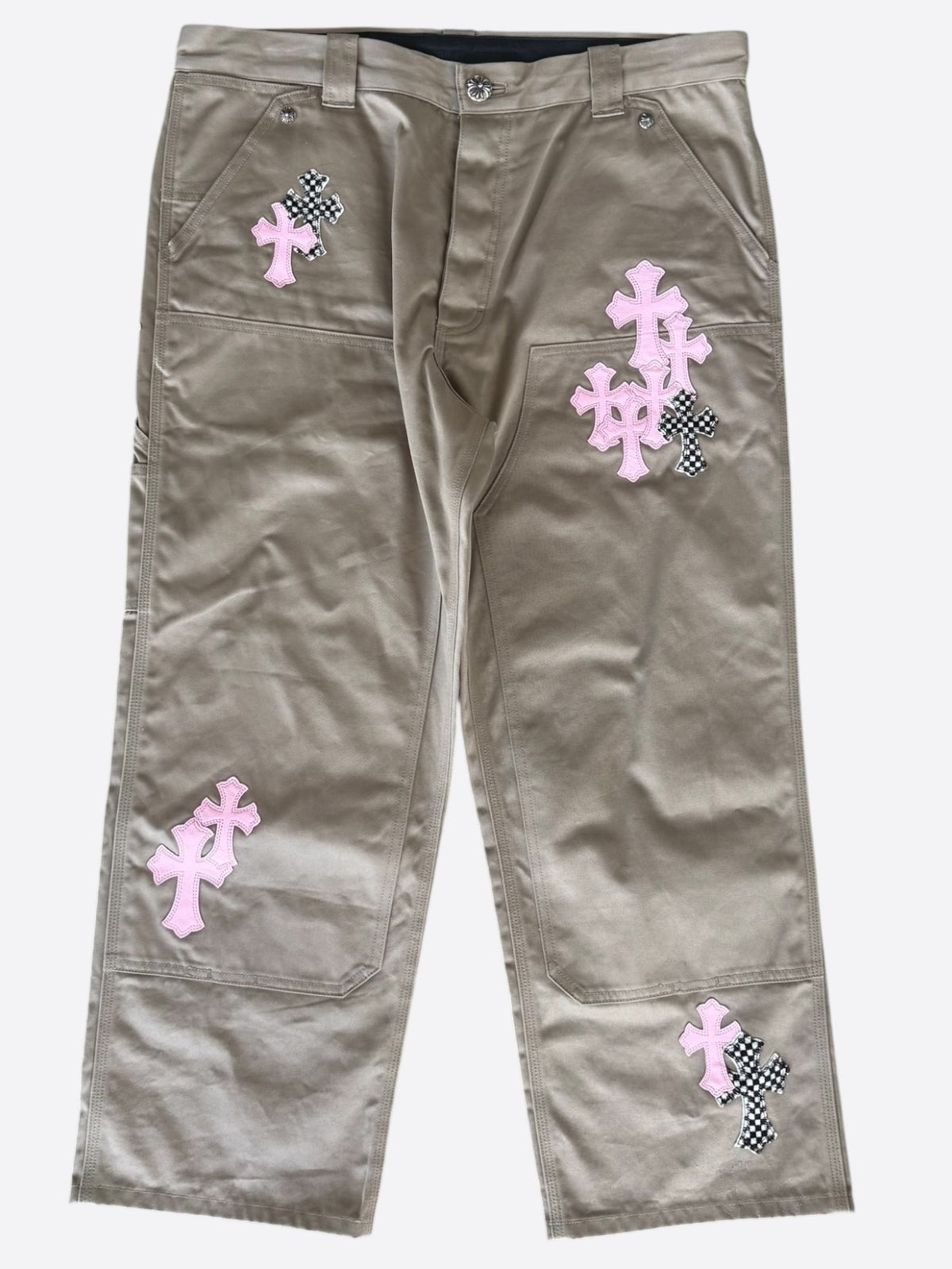 Chrome Hearts Tan, Pink & Checkered Cross Patch Carpenter Pants