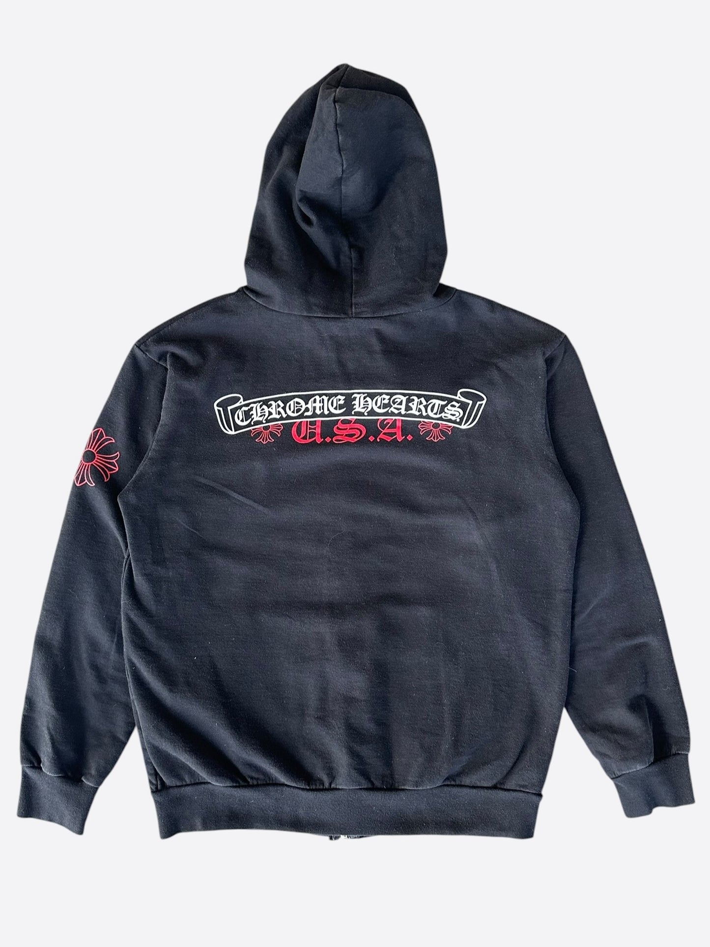 Chrome Hearts Black, White & Red Scroll Logo Zip Up Hoodie