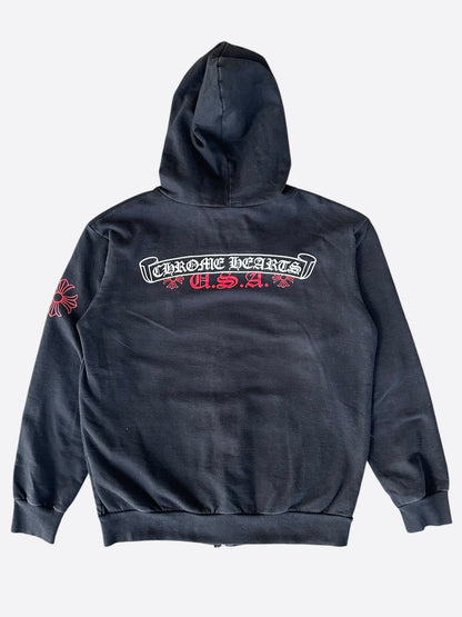 Chrome Hearts Black, White & Red Scroll Logo Zip Up Hoodie