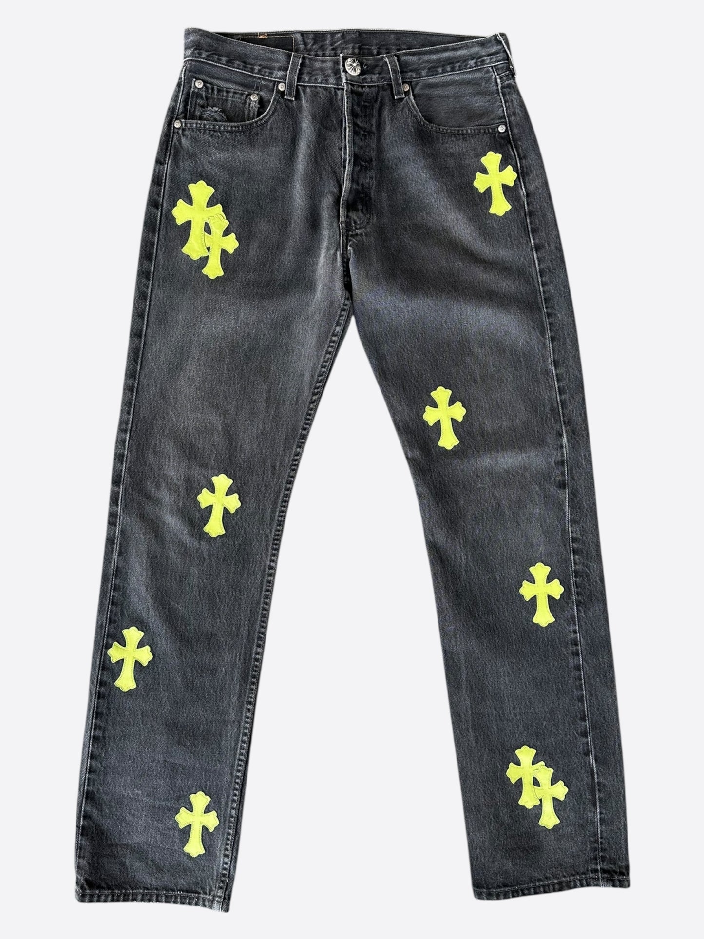 Chrome Hearts Levi's Grey & Neon Green Cross Patch Jeans