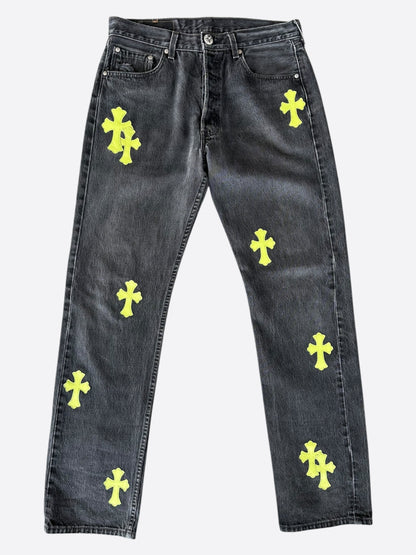 Chrome Hearts Levi's Grey & Neon Green Cross Patch Jeans