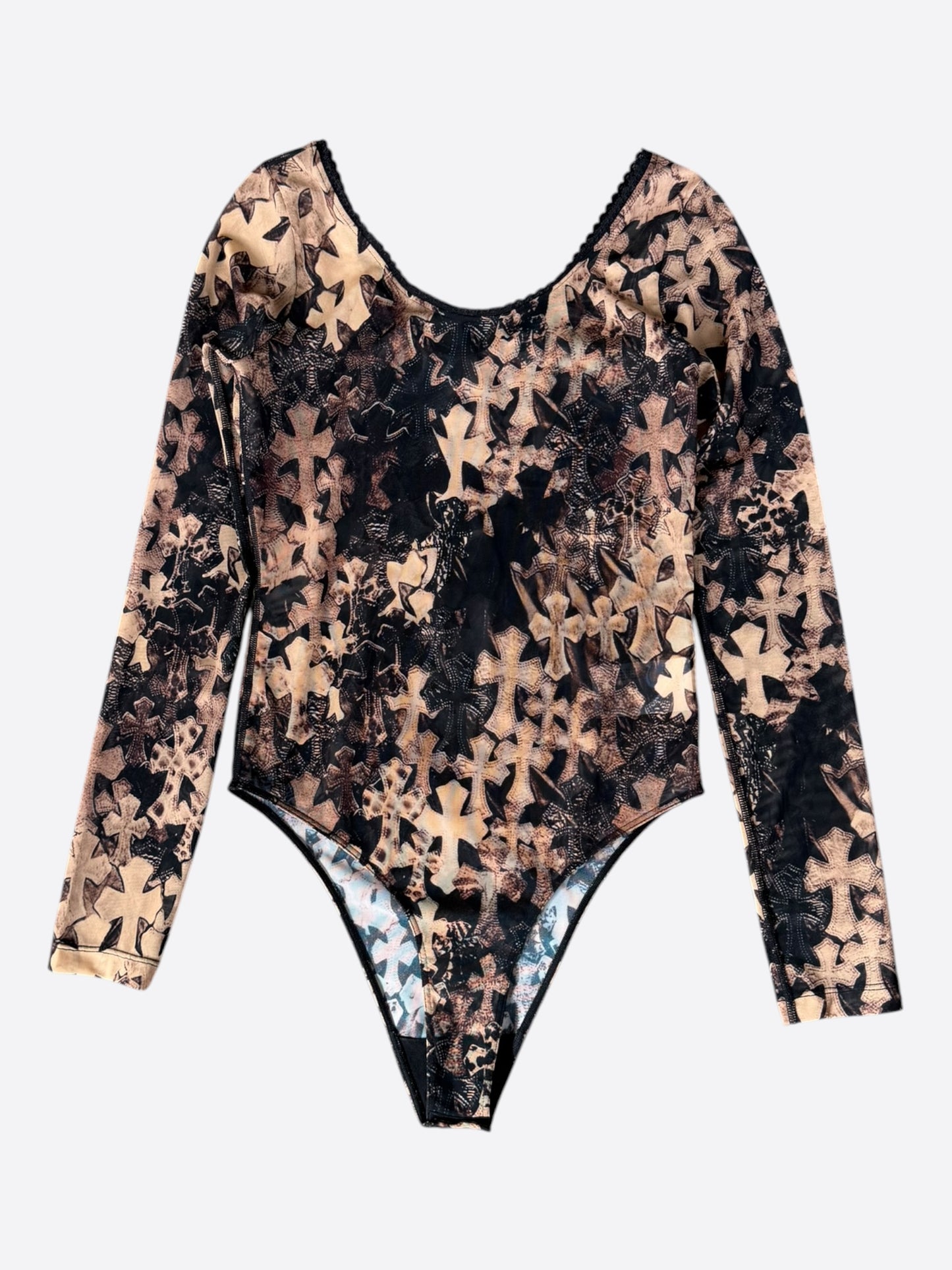 Chrome Hearts Brown All Over Cross Print Mesh Body Suit