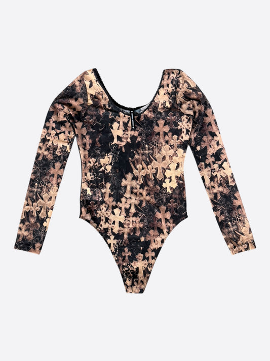 Chrome Hearts Brown All Over Cross Print Mesh Body Suit