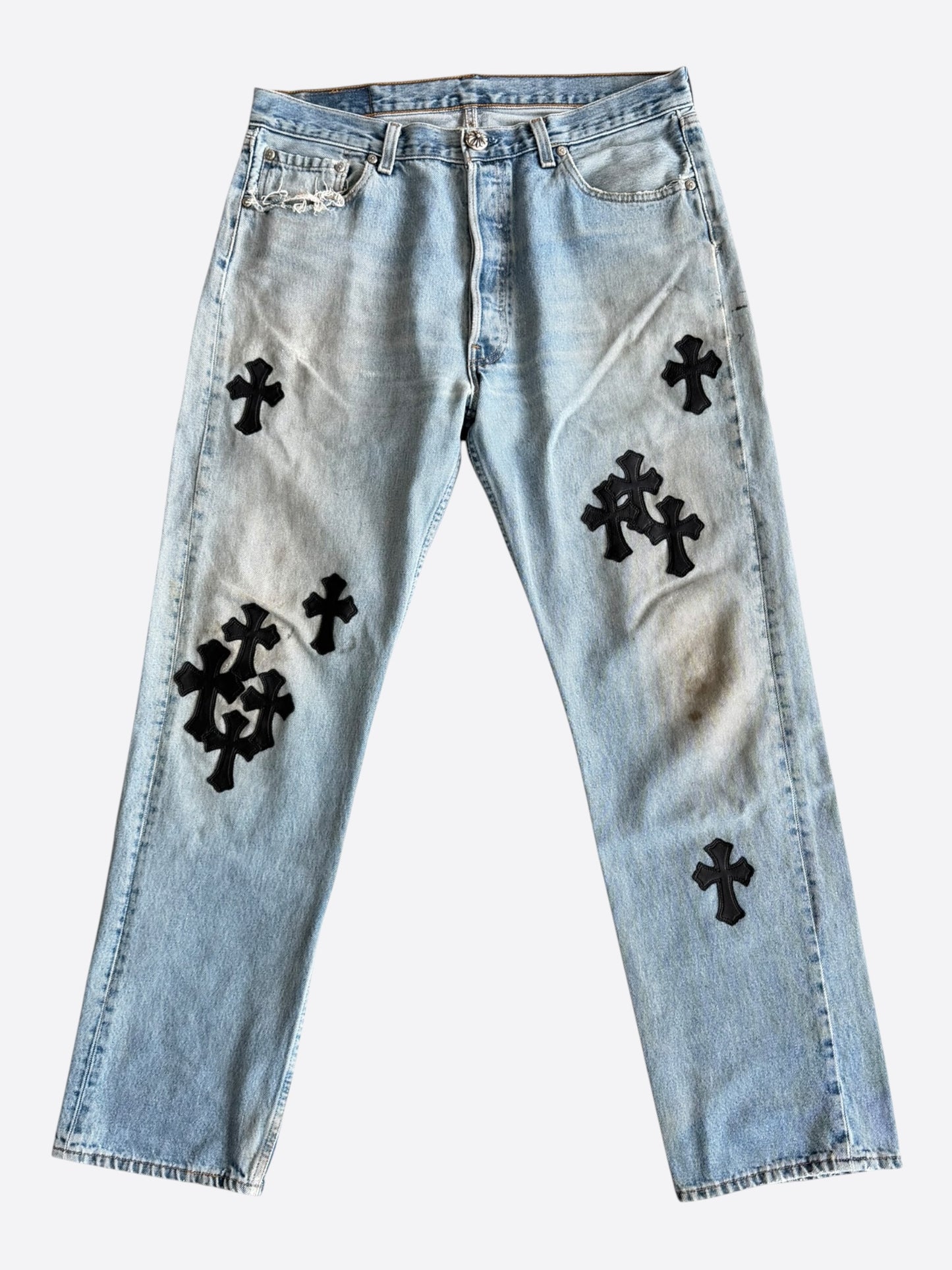 Chrome Hearts Levis Light Blue & Black Cross Patch Jeans