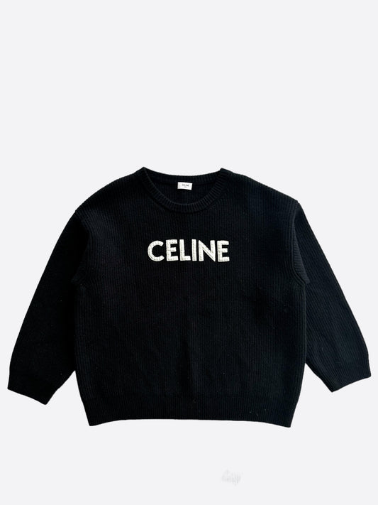 Celine Black & White Logo Ribbed Wool Sweater