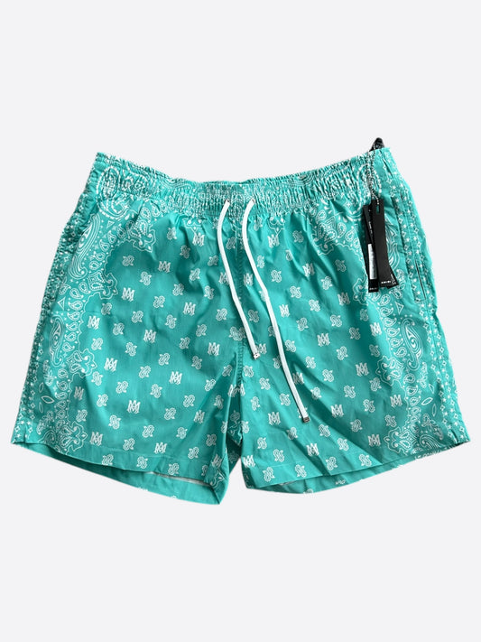 Amiri Blue & White MA Logo Paisley Swimshorts