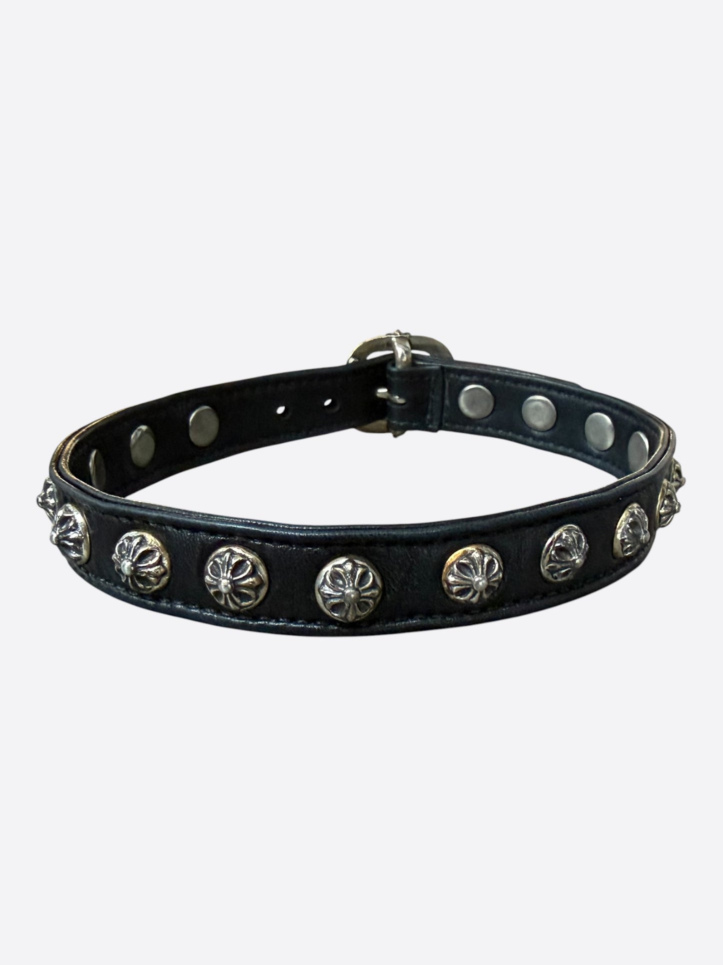 Chrome Hearts Black & Silver Leather Cross Studs Choker Necklace