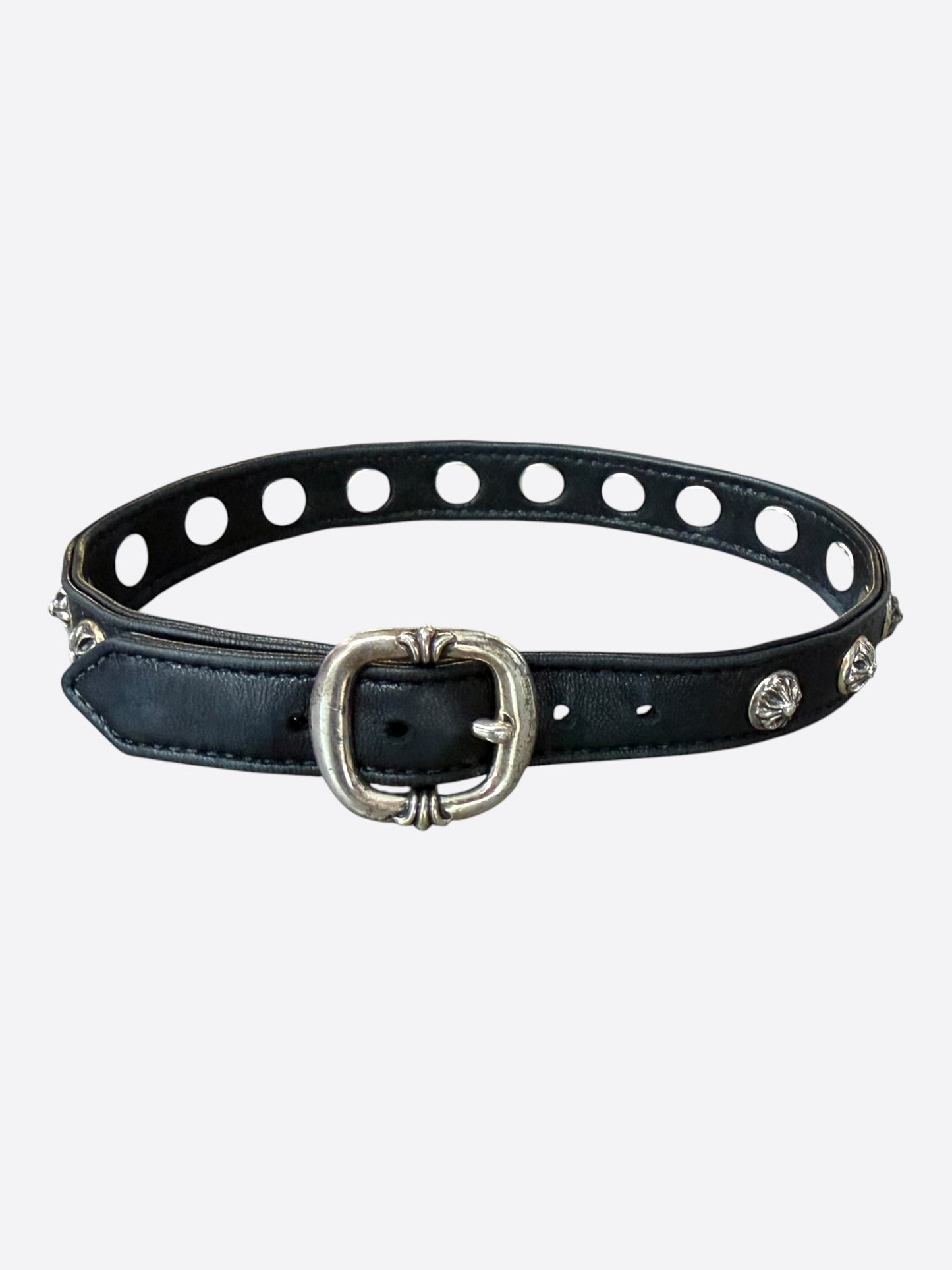 Chrome Hearts Black & Silver Leather Cross Studs Choker Necklace