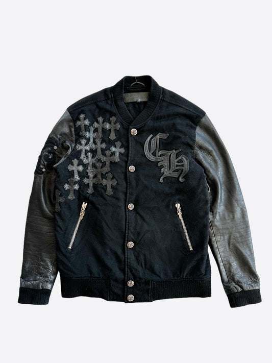 Chrome Hearts Black Leather Cross Patch Bomber Jacket