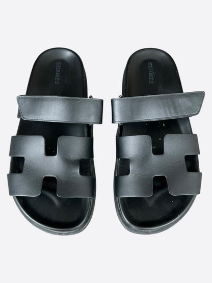 Hermes Black Leather Chypre Women's Sandals