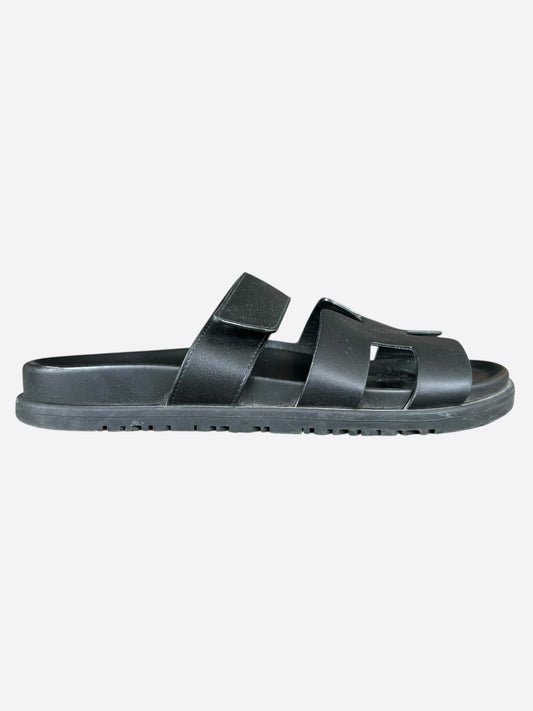 Hermes Black Leather Chypre Women's Sandals