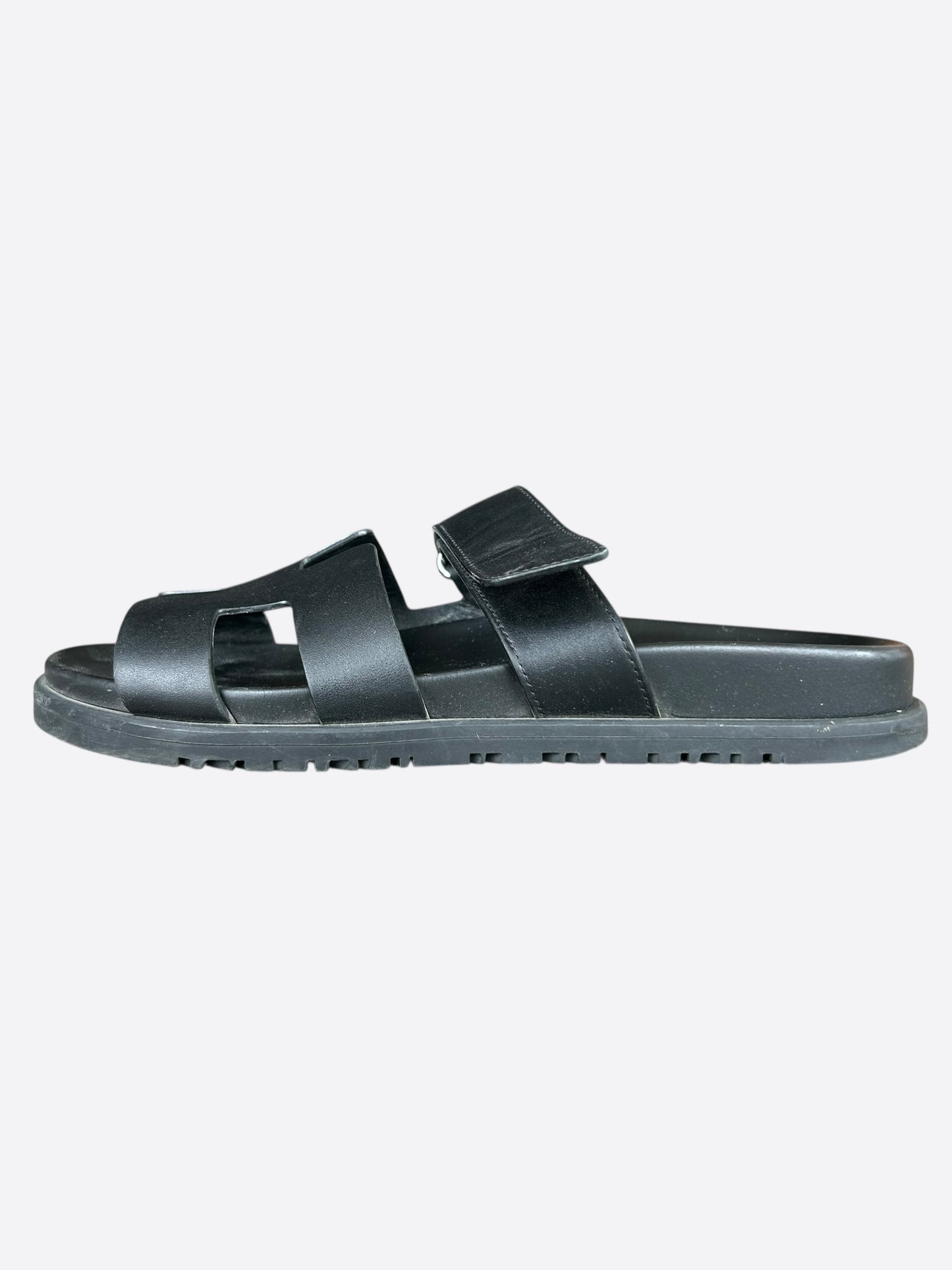 Hermes Black Leather Chypre Women's Sandals