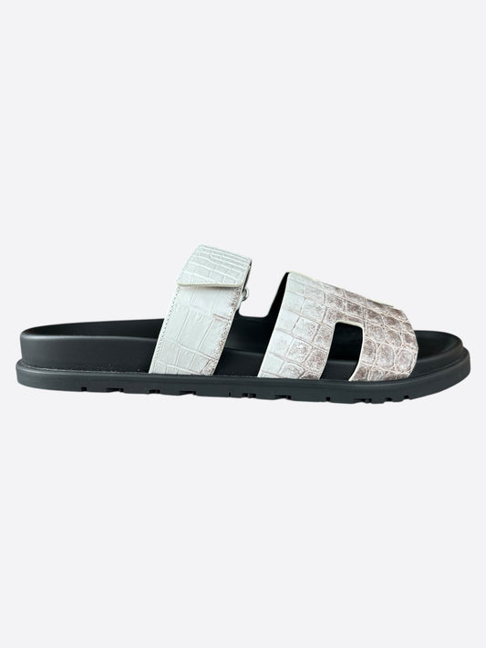 Hermes Black & White Himalayan Crocodile Chypre Sandals