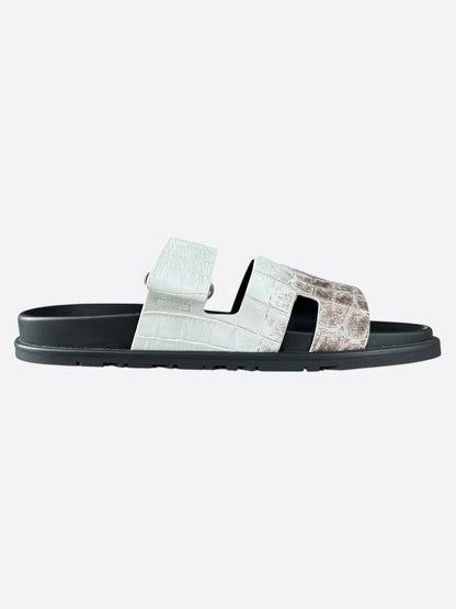 Hermes Black & White Himalayan Crocodile Chypre Sandals
