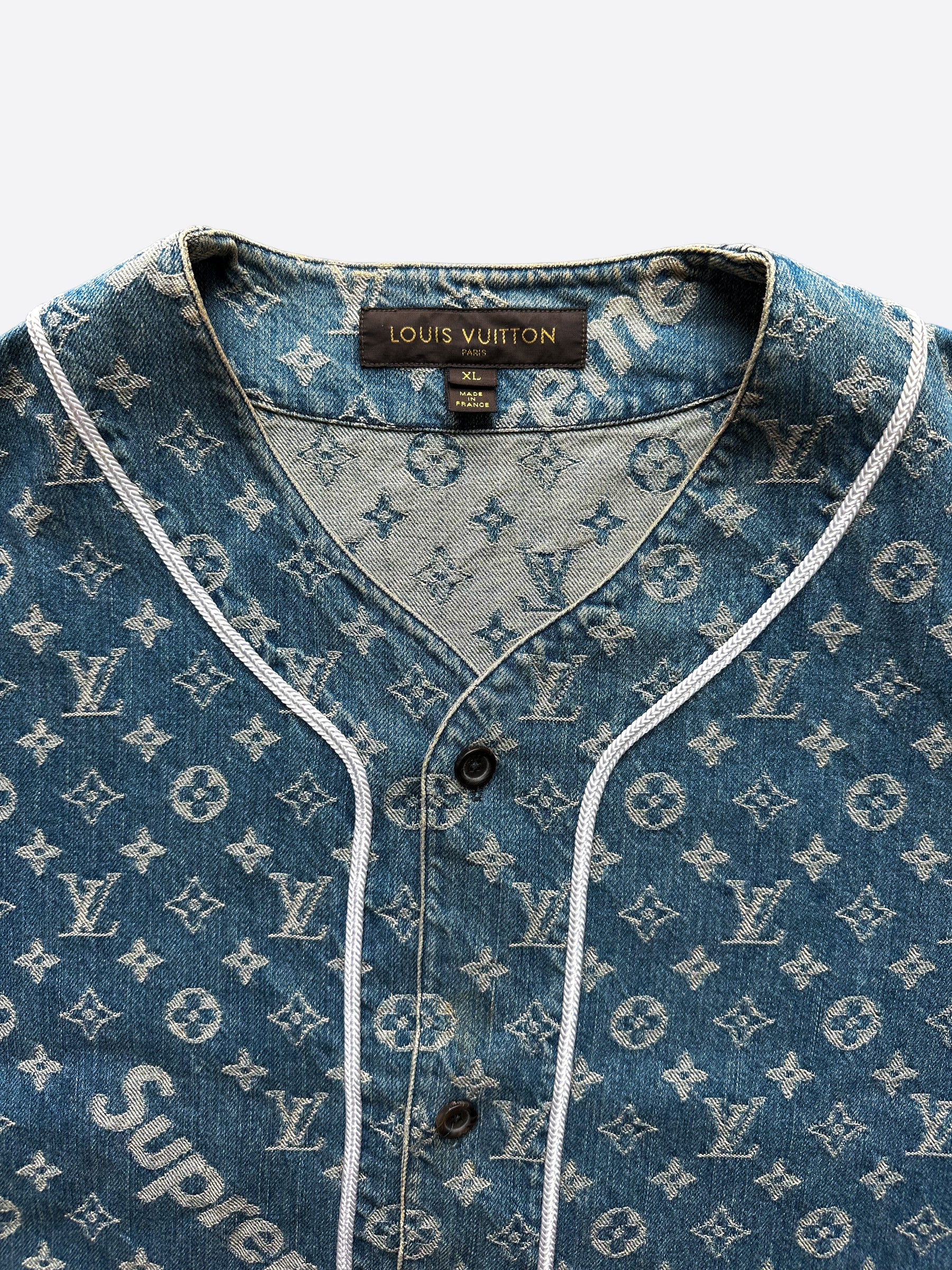 Louis Vuitton Supreme Blue Monogram Baseball Jersey – Savonches