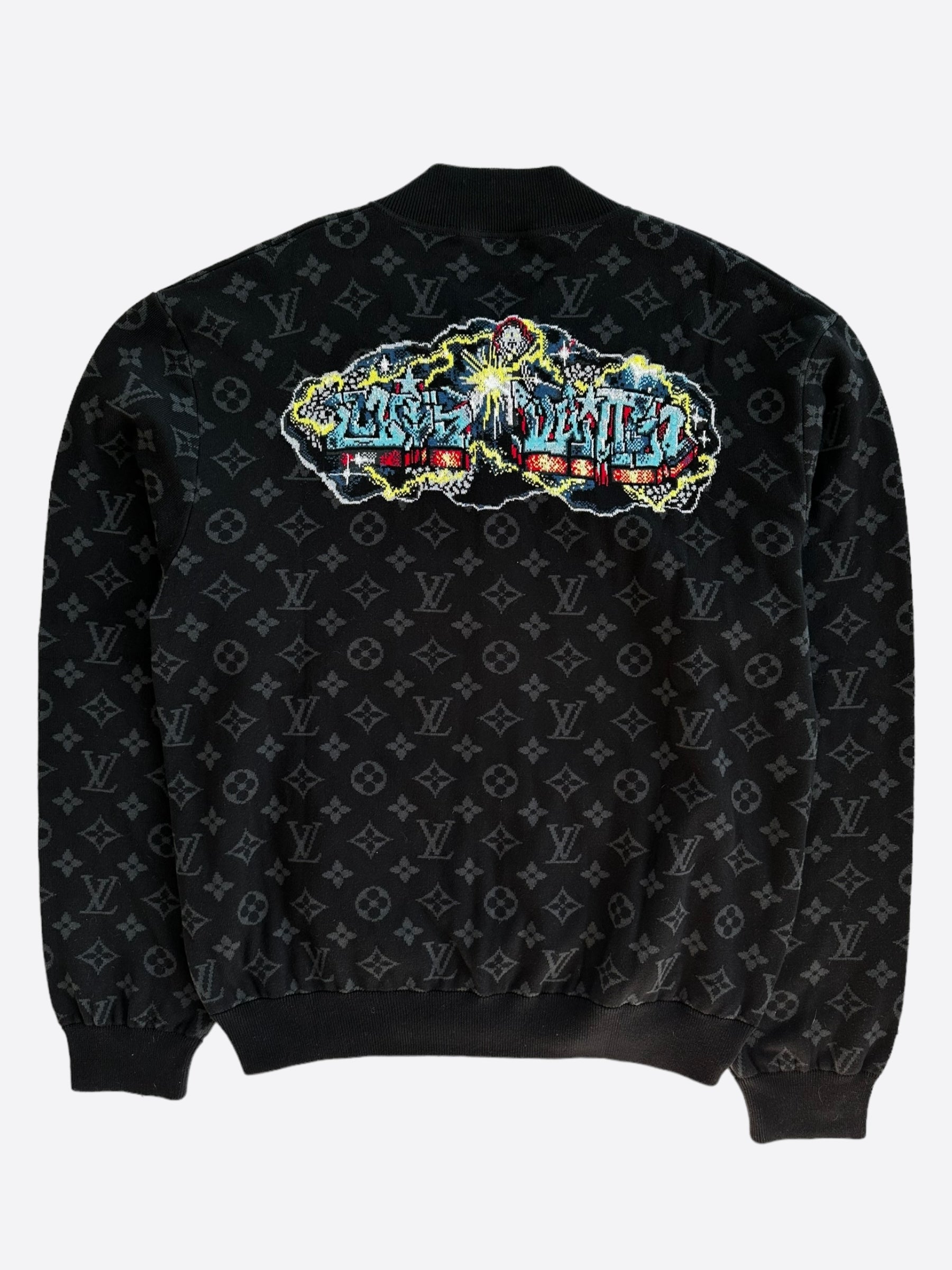 Louis Vuitton Black Grey Monogram Graffiti Logo Bomber Jacket