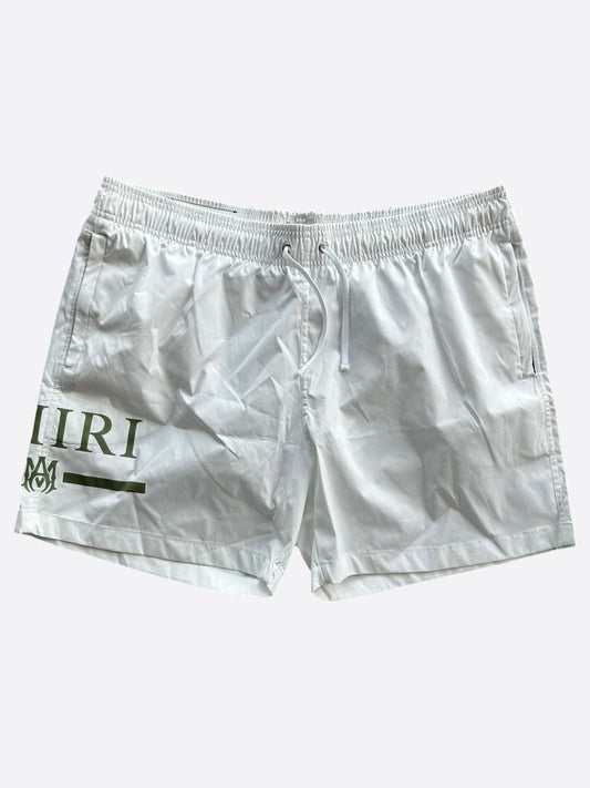 Amiri White & Green MA Bar Logo Swimshorts