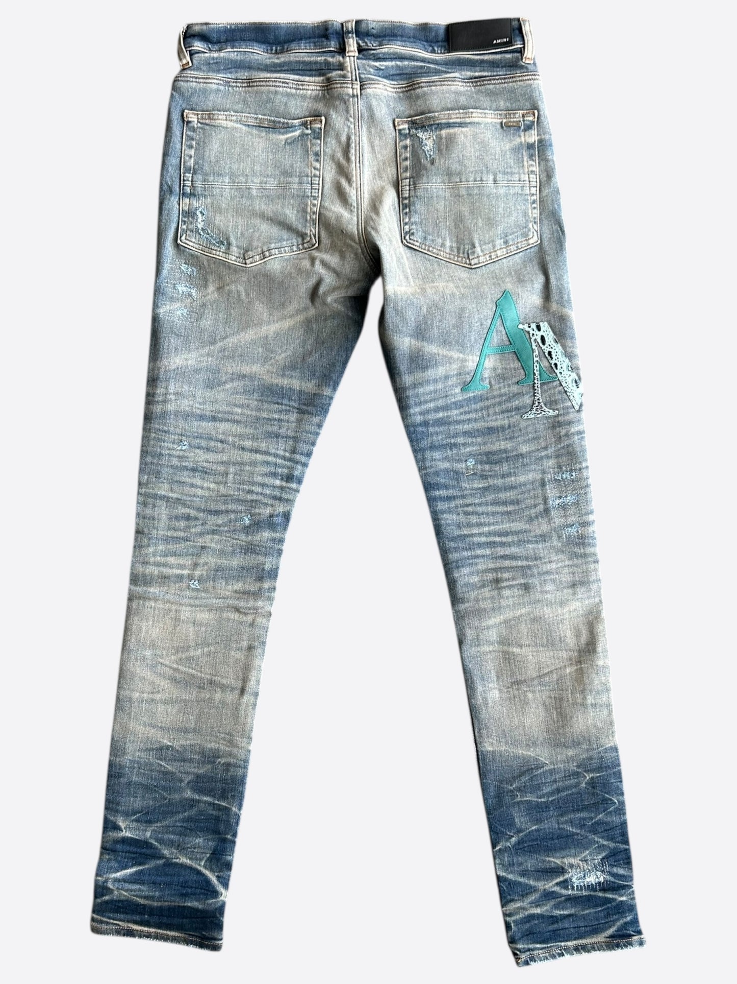 Amiri Vintage Indigo Leather Multicolor Staggered Logo Jeans