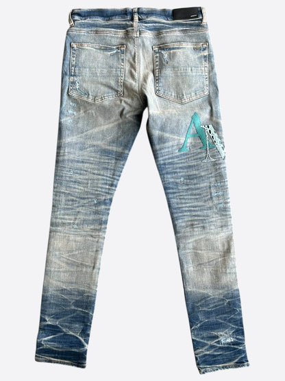 Amiri Vintage Indigo Leather Multicolor Staggered Logo Jeans