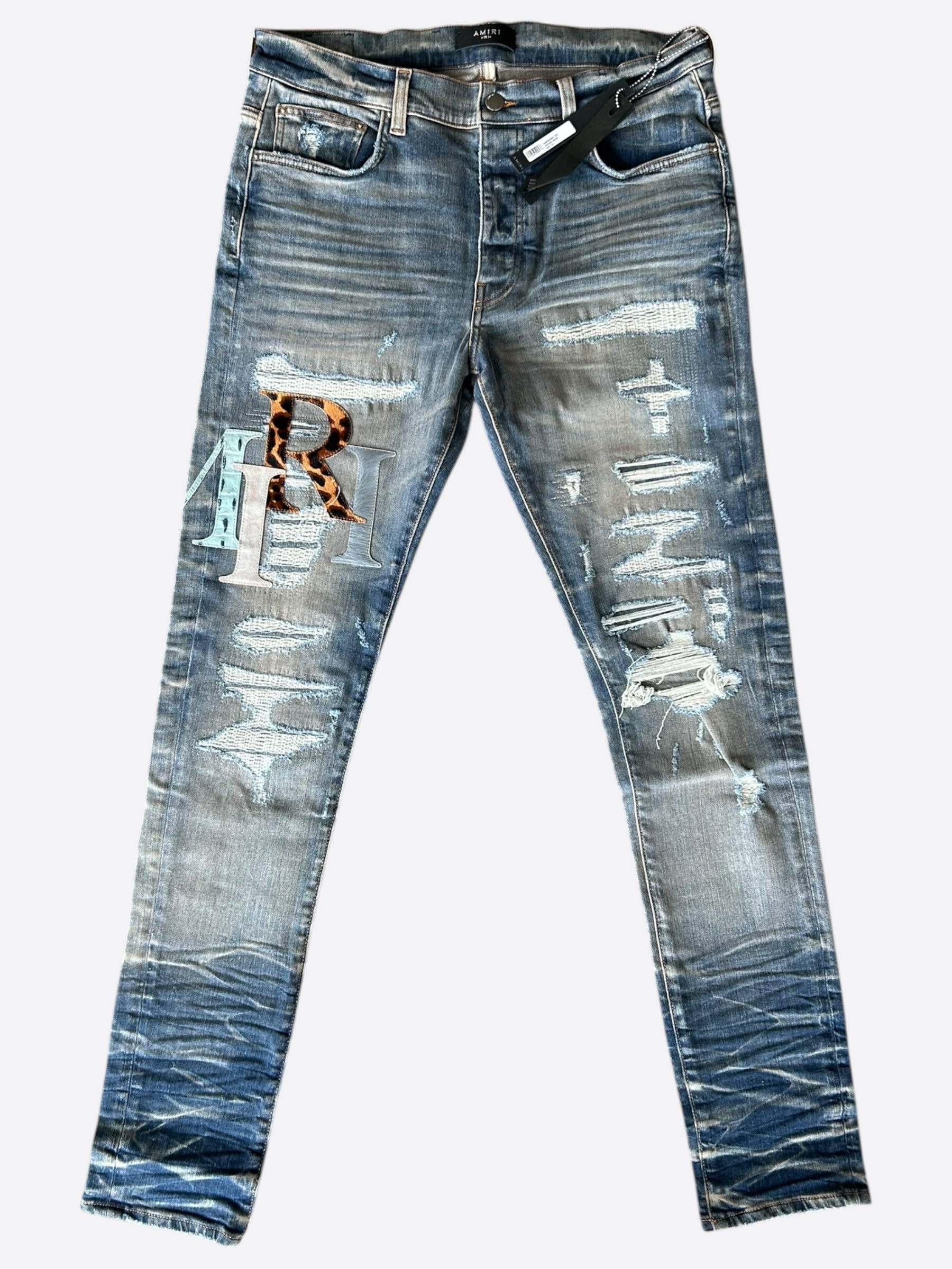 Amiri Vintage Indigo Leather Multicolor Staggered Logo Jeans