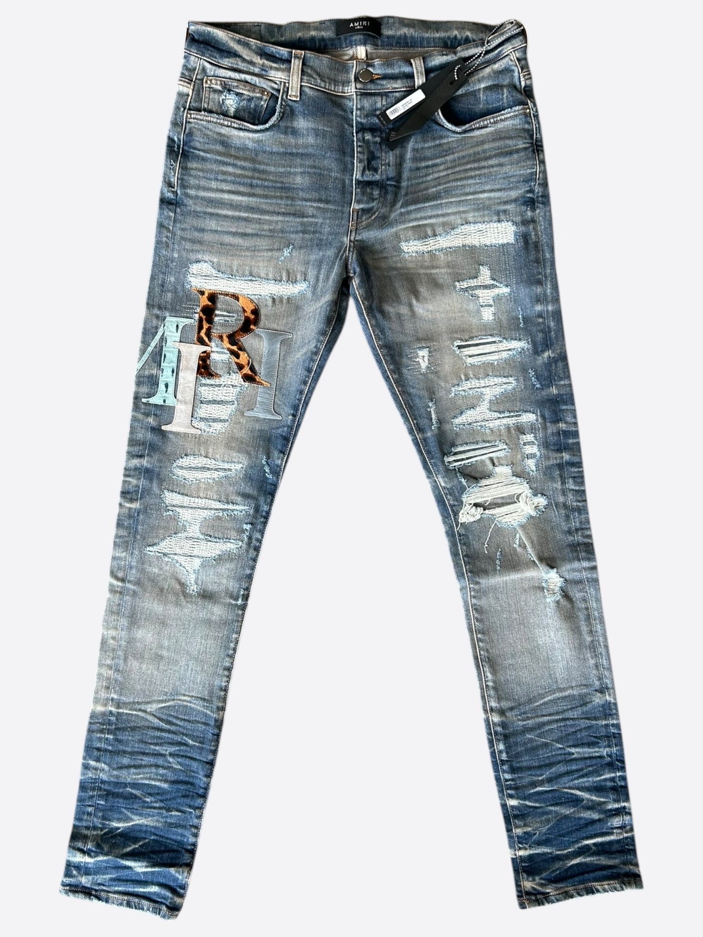 Amiri Vintage Indigo Leather Multicolor Staggered Logo Jeans