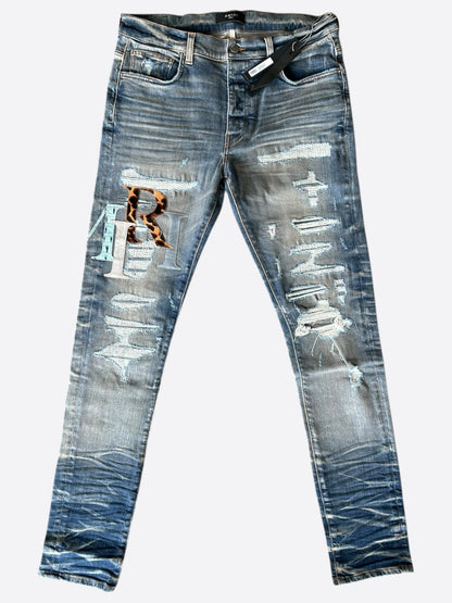 Amiri Vintage Indigo Leather Multicolor Staggered Logo Jeans