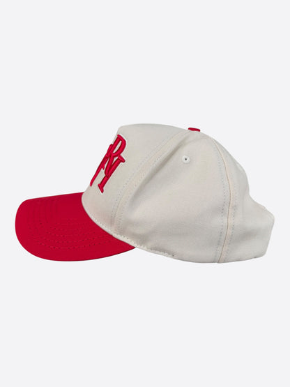Amiri White & Red Staggered Logo Trucker Hat