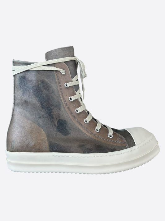 Rick Owens Dust Brown & White High Top Sneakers