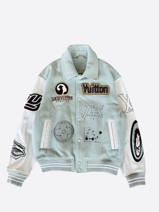 Louis Vuitton Aqua & White Leather Varsity Jacket