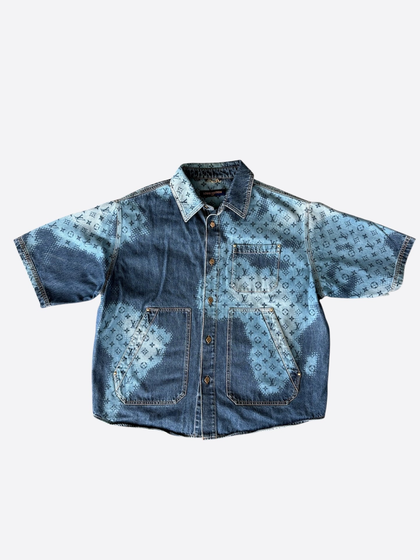 Louis Vuitton Blue Map Monogram Denim Button Up Shirt