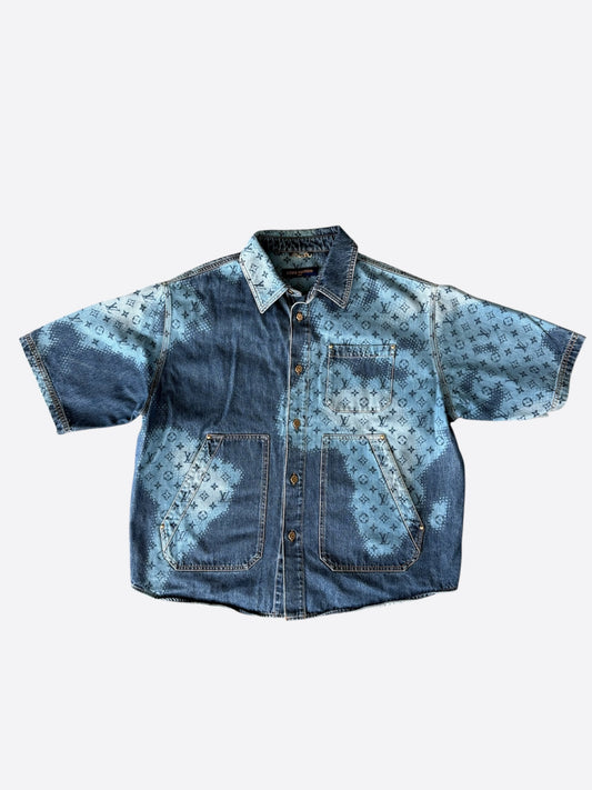 Louis Vuitton Blue Map Monogram Denim Button Up Shirt