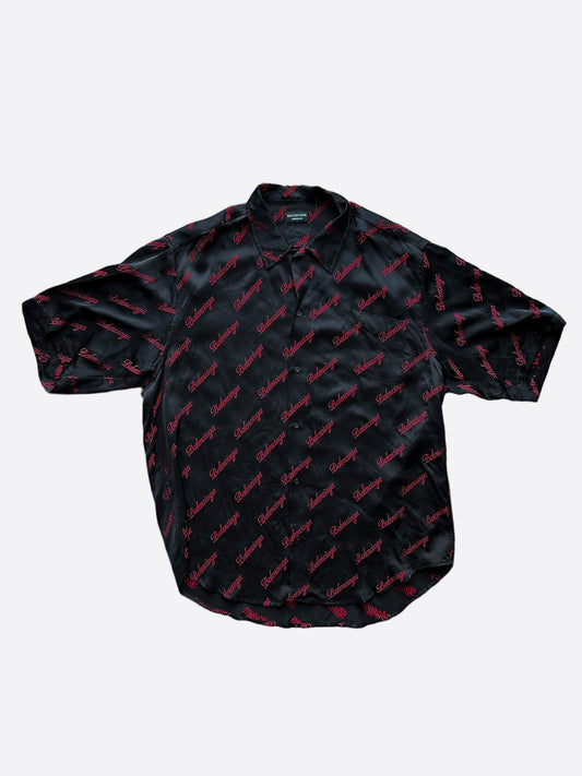 Balenciaga Black & Red Script Logo Button Up Shirt