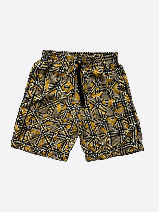 Burberry Beige & Yellow Repeat Logo Silk Shorts