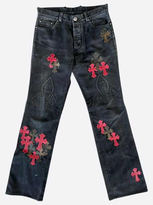 Chrome Hearts Black, Red & Camouflage Cross Patch Fleur Jeans