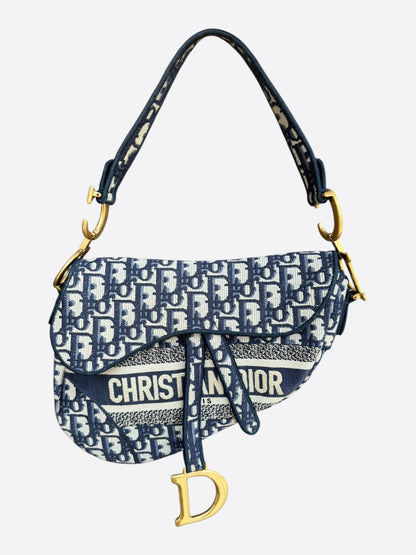 Dior White & Navy Oblique Saddle Bag