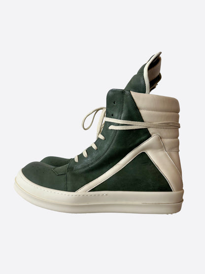 Rick Owens Olive & White Geobasket High Top Sneakers