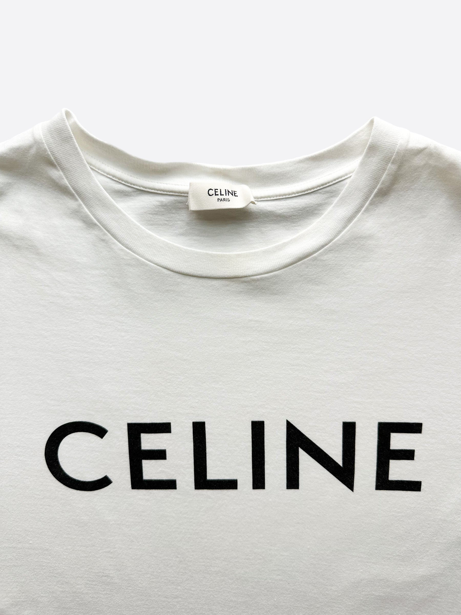 CELINE 1250$ White Cotton T-shirt - Logo Print, Sequined Fringes, Oversized