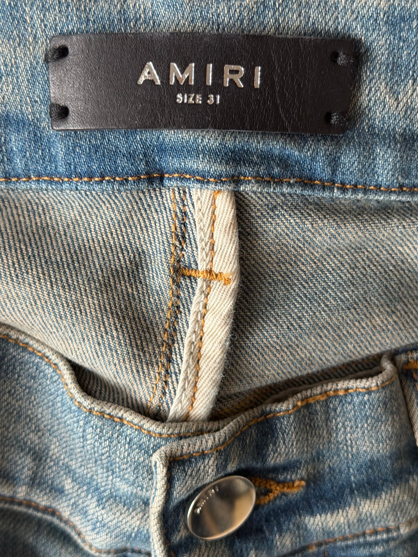 Amiri Clay Indigo & Cracked Pink Patch MX1 Jeans