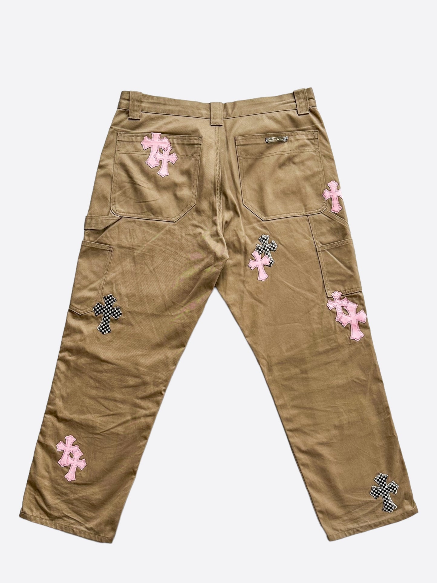 Chrome Hearts Tan Pink & Checkered Cross Patch Carpenter Pants