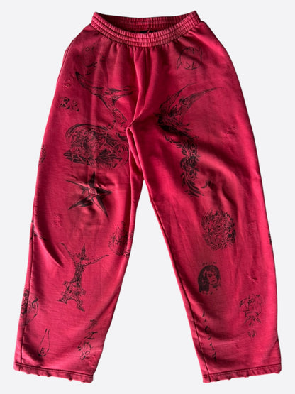 Balenciaga Red & Black Tattoo Print Oversized Sweatpants